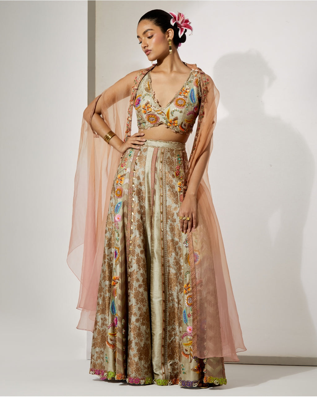 Beige Gold Embroidered Sharara Set With Organza Cape