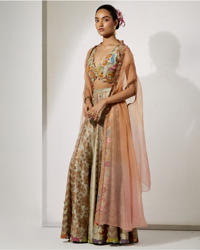 Beige Gold Embroidered Sharara Set With Organza Cape