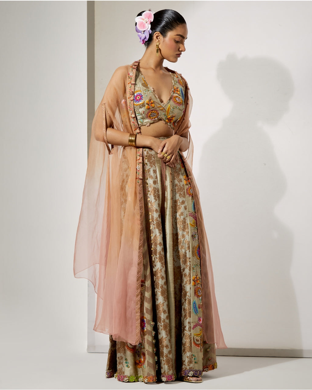 Beige Gold Embroidered Sharara Set With Organza Cape