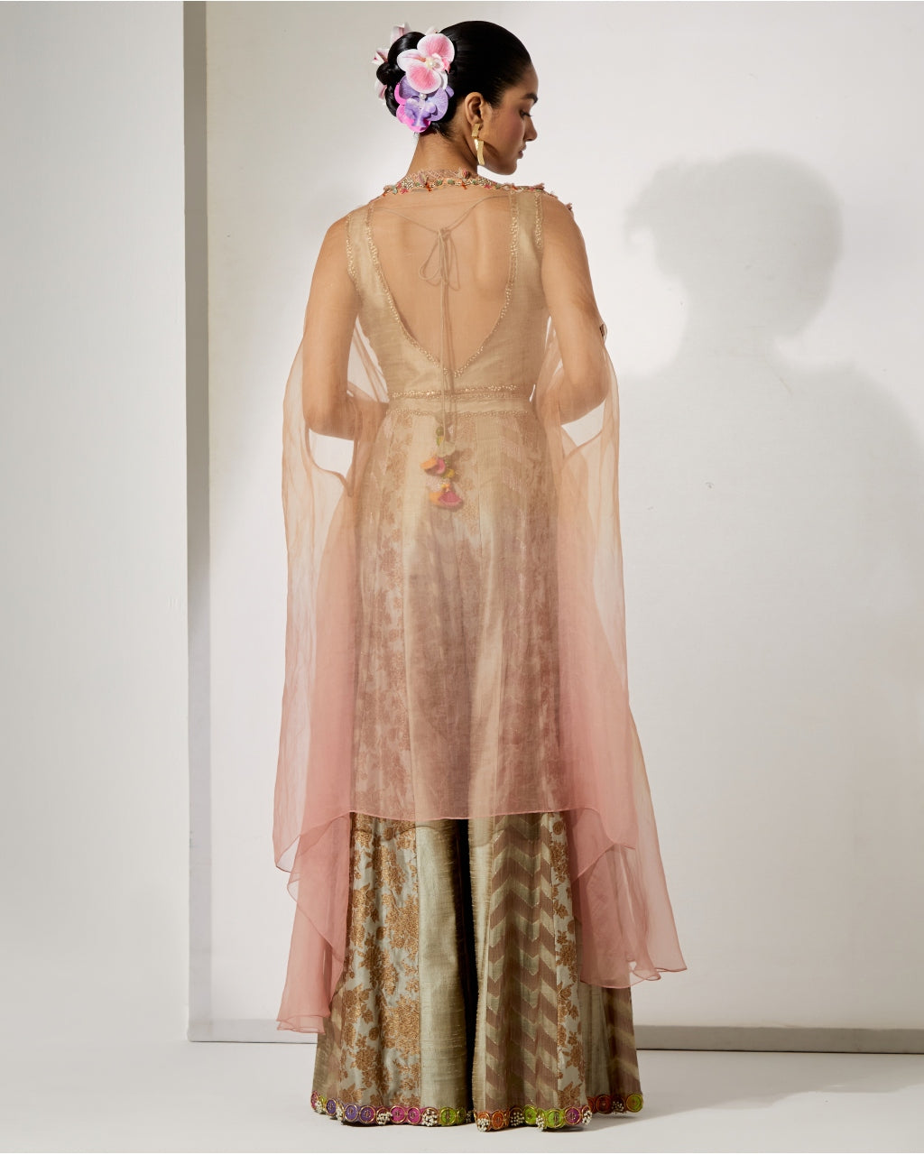 Beige Gold Embroidered Sharara Set With Organza Cape