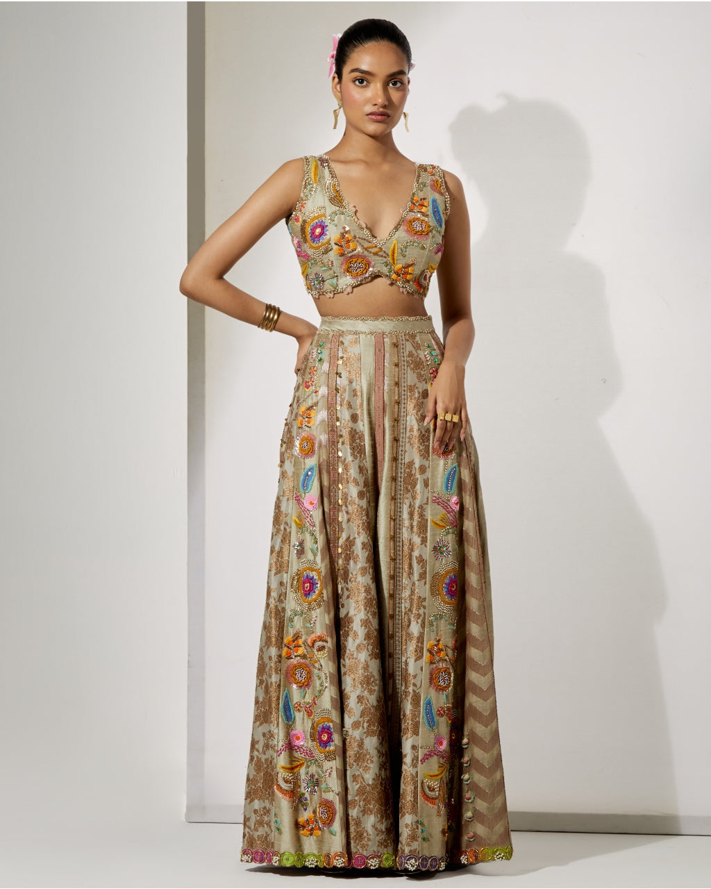 Beige Gold Embroidered Sharara Set With Organza Cape