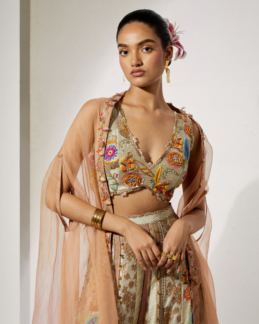 Beige Gold Embroidered Sharara Set With Organza Cape