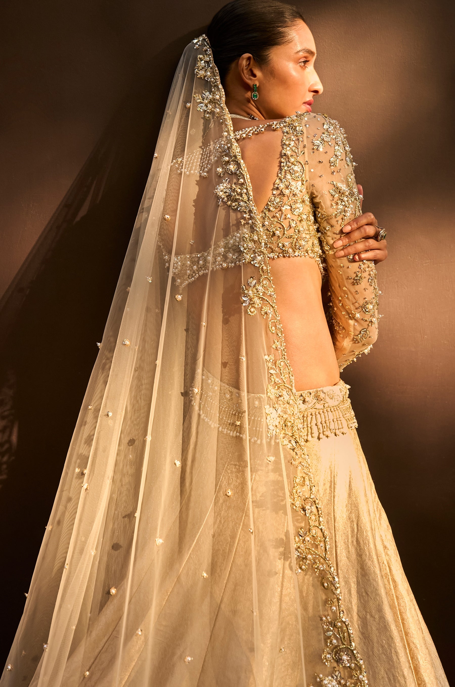 Champagne Gold Brocade Lehenga Set
