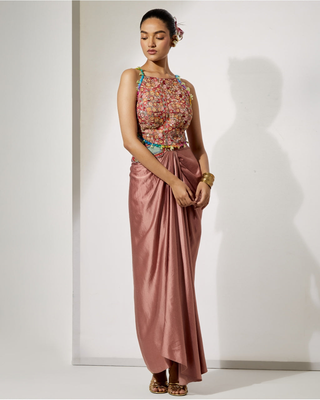 Rust Draped Skirt Set With Fully Embroidered Threadwork Blouse