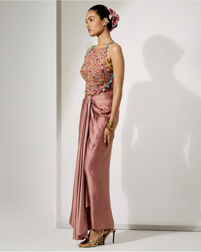 Rust Draped Skirt Set With Fully Embroidered Threadwork Blouse