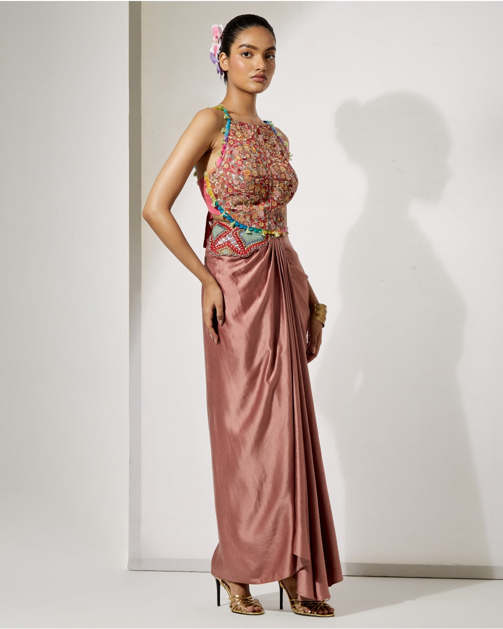 Rust Draped Skirt Set With Fully Embroidered Threadwork Blouse
