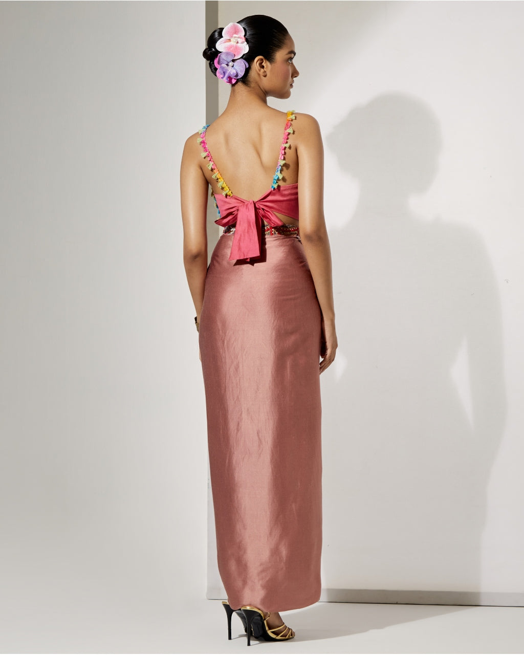 Rust Draped Skirt Set With Fully Embroidered Threadwork Blouse