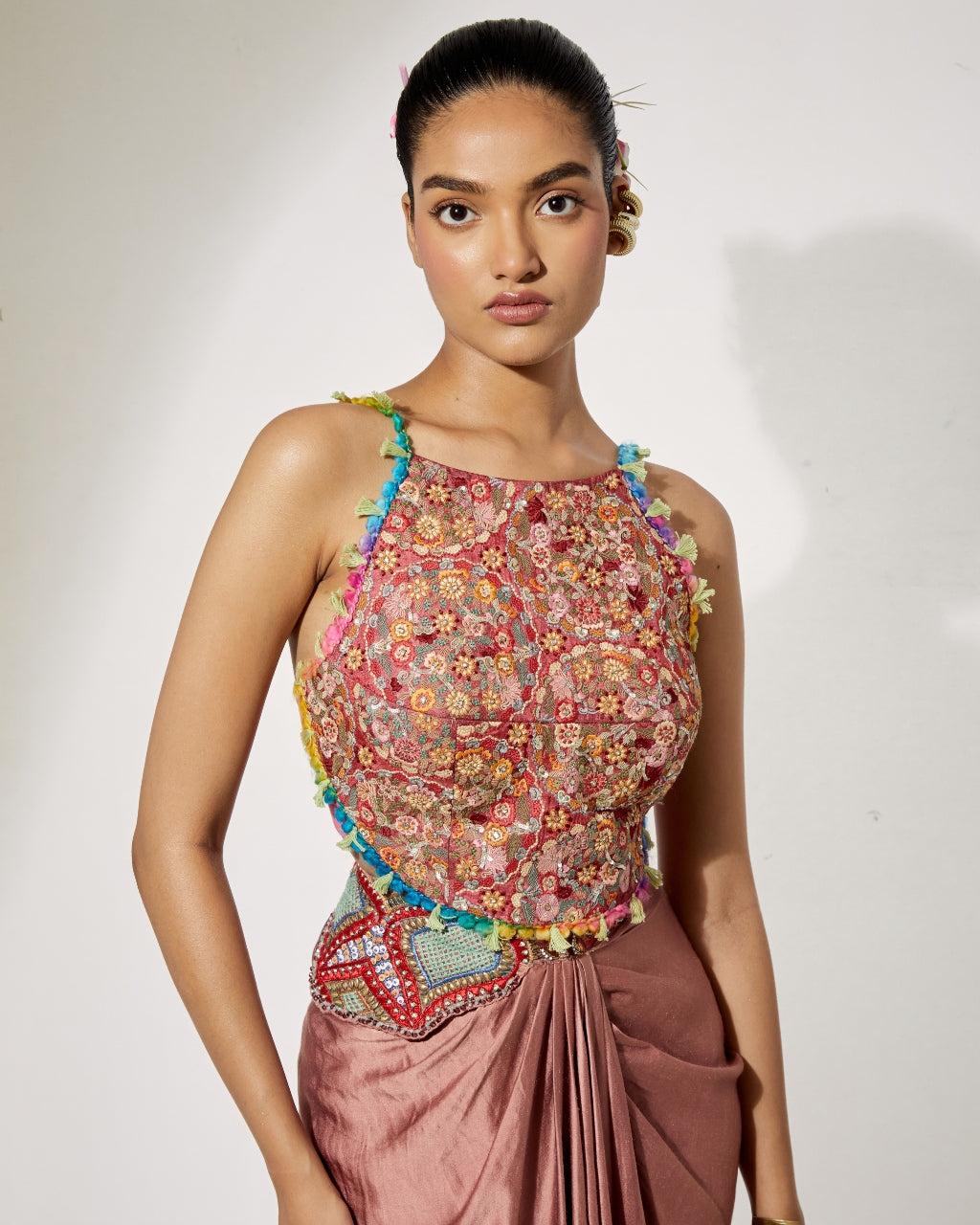 Rust Draped Skirt Set With Fully Embroidered Threadwork Blouse