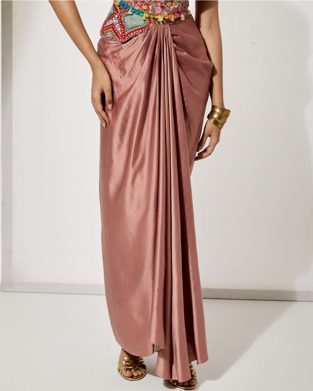 Rust Draped Skirt Set With Fully Embroidered Threadwork Blouse