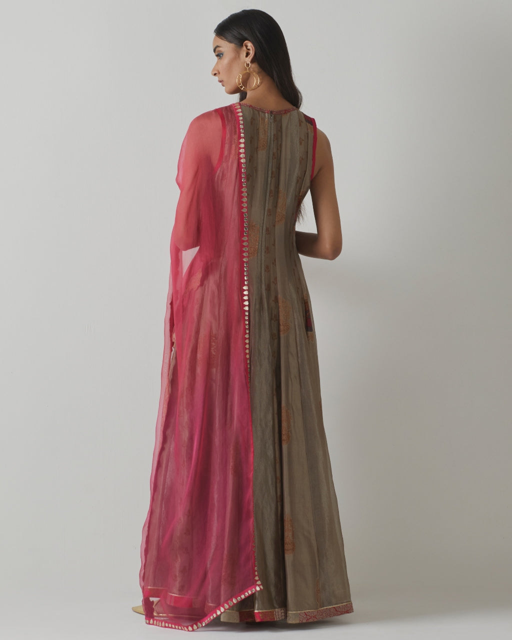 Metallic Grey & Fuchsia Anarkali Set