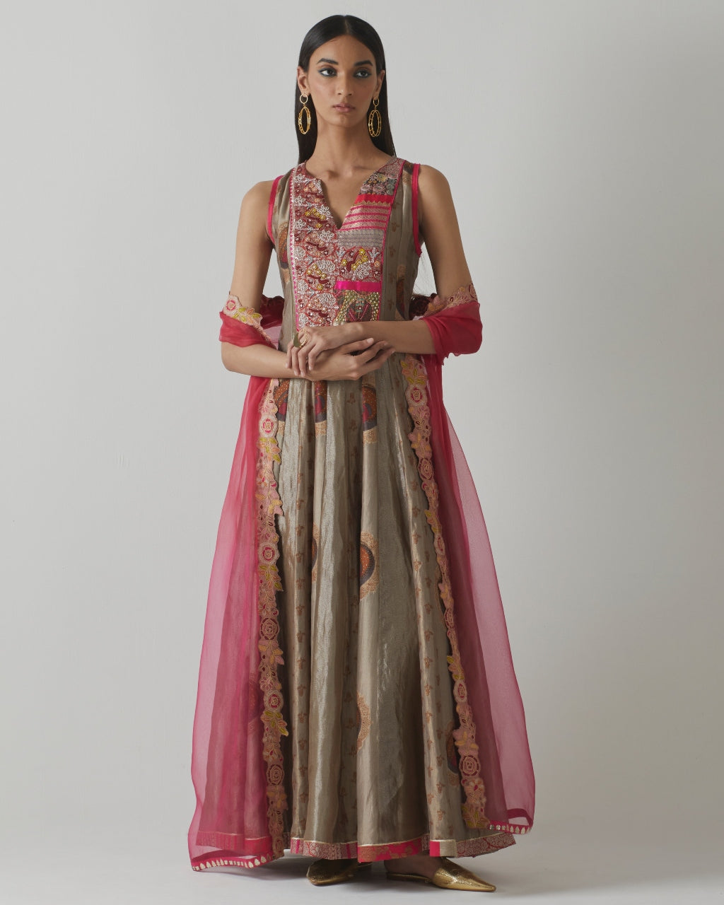 Metallic Grey & Fuchsia Anarkali Set