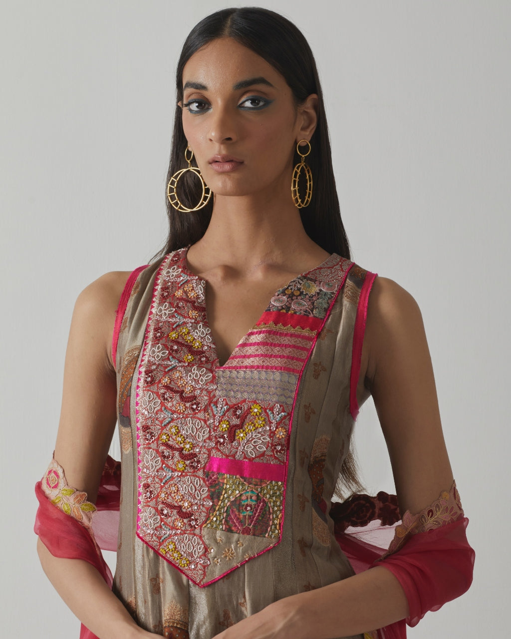 Metallic Grey & Fuchsia Anarkali Set