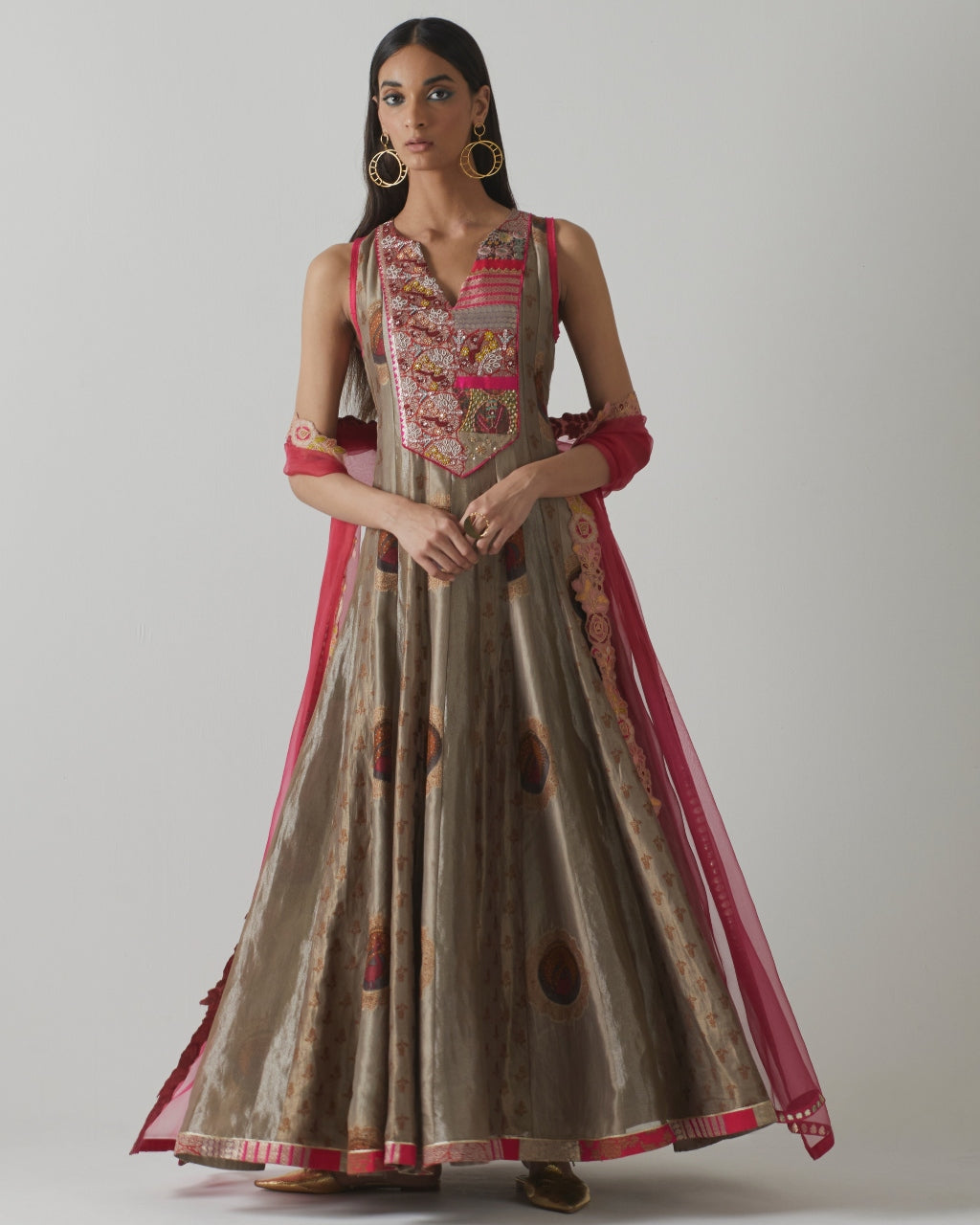 Metallic Grey & Fuchsia Anarkali Set