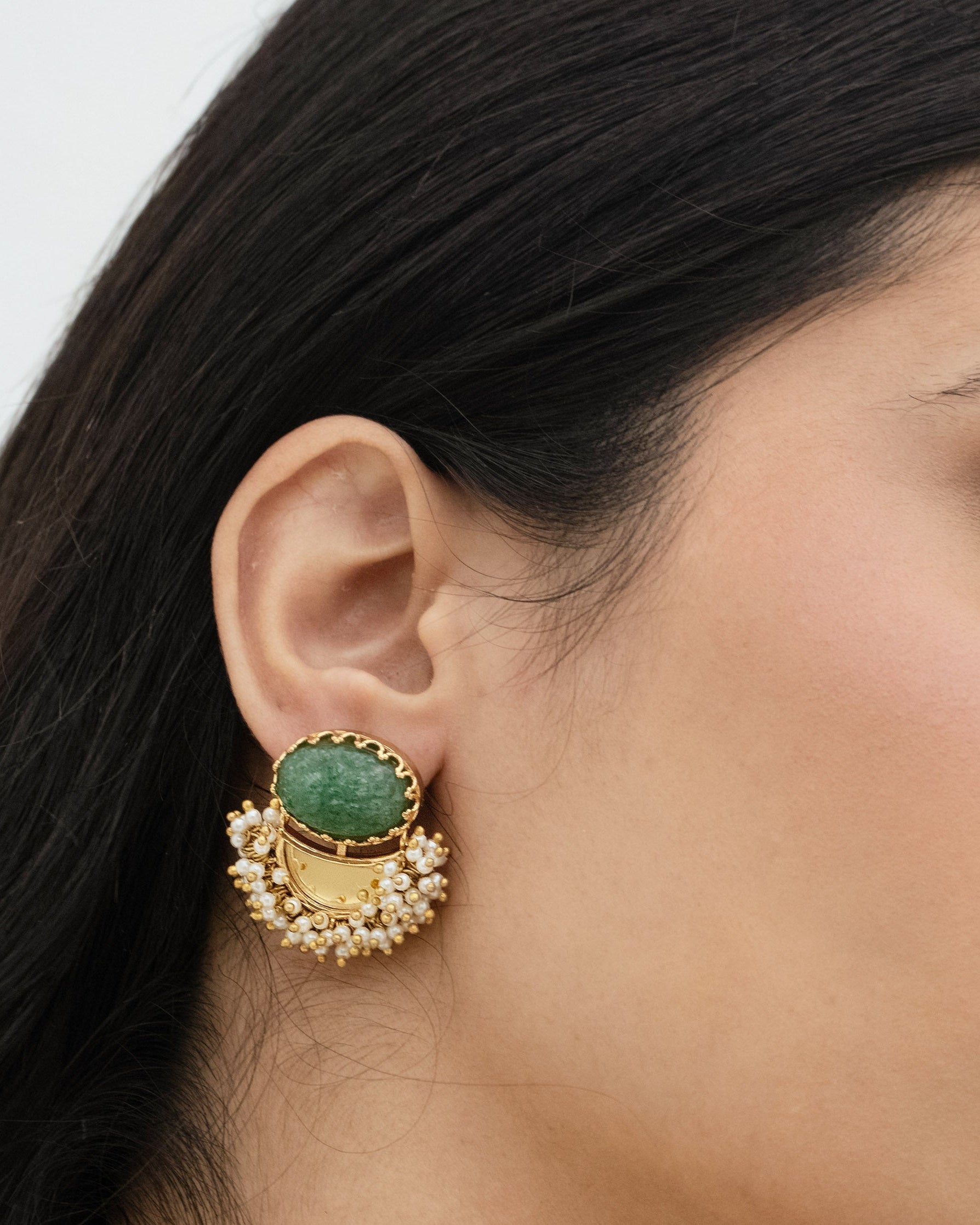 Surya Darpan Studs In Green Onyx