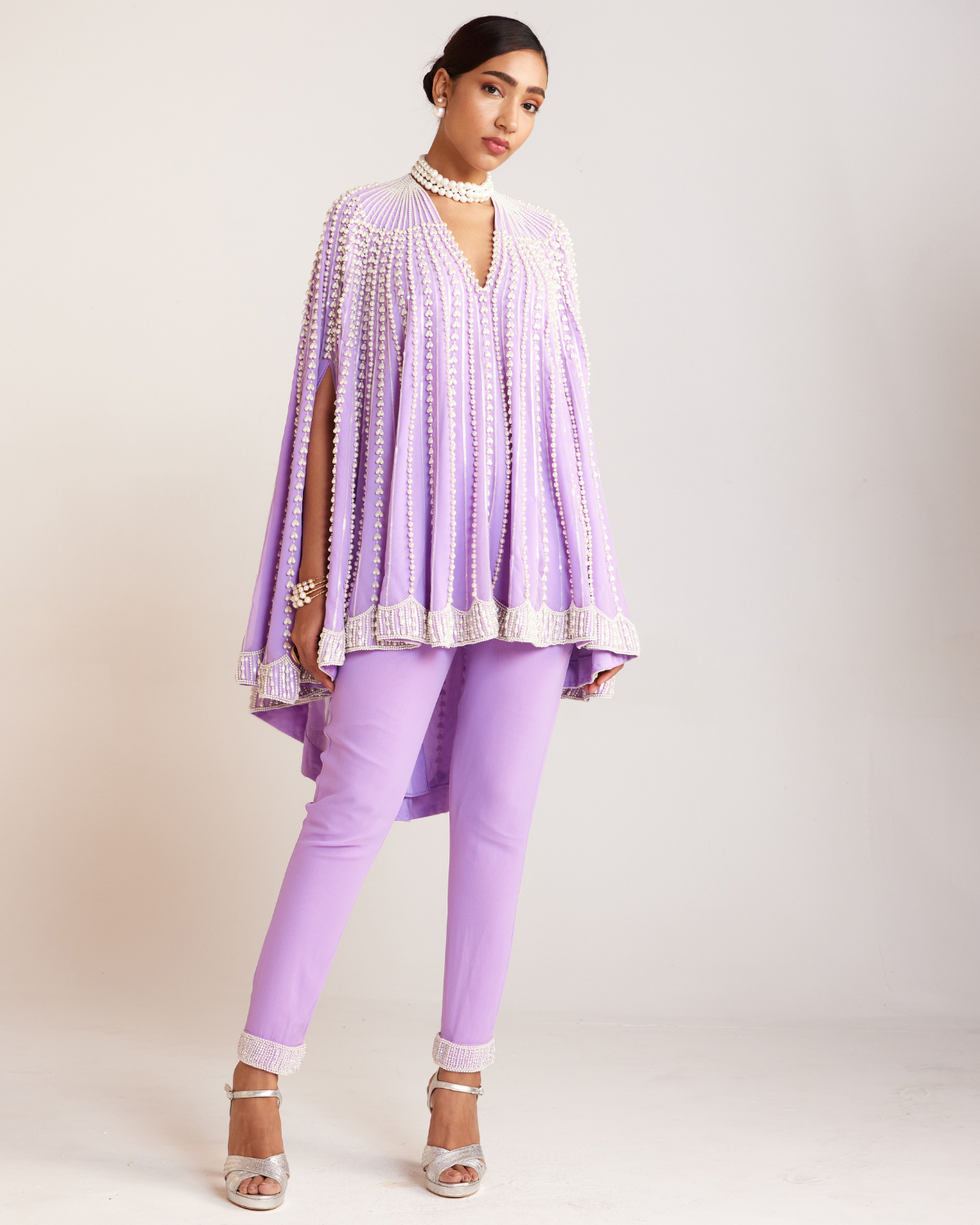 Lilac Pearl Embellished Cape Set By Vvani by Vani Vats