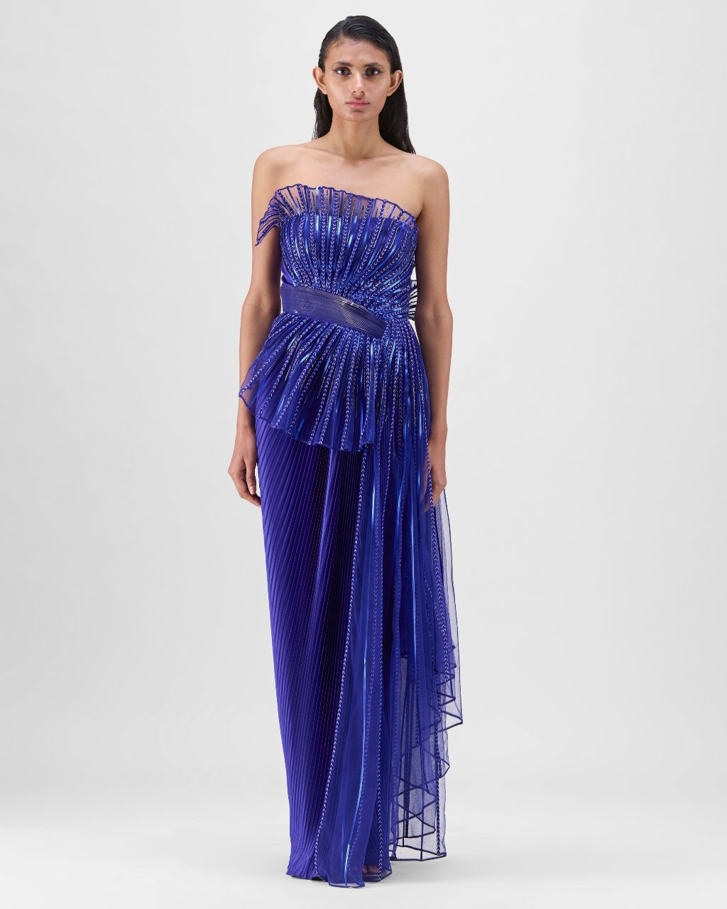 Royal Blue Metallic Sun Ray Drape Gown