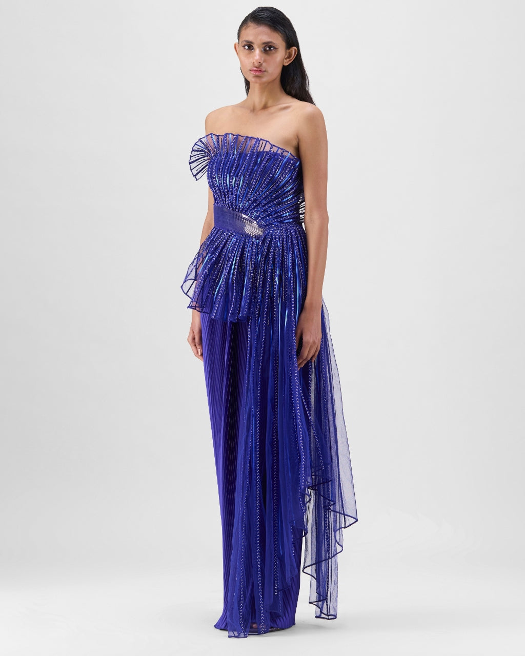 Royal Blue Metallic Sun Ray Drape Gown