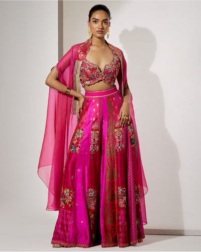 Fuchsia Embroidered Sharara Set With Organza Cape