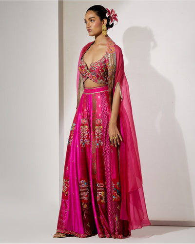 Fuchsia Embroidered Sharara Set With Organza Cape