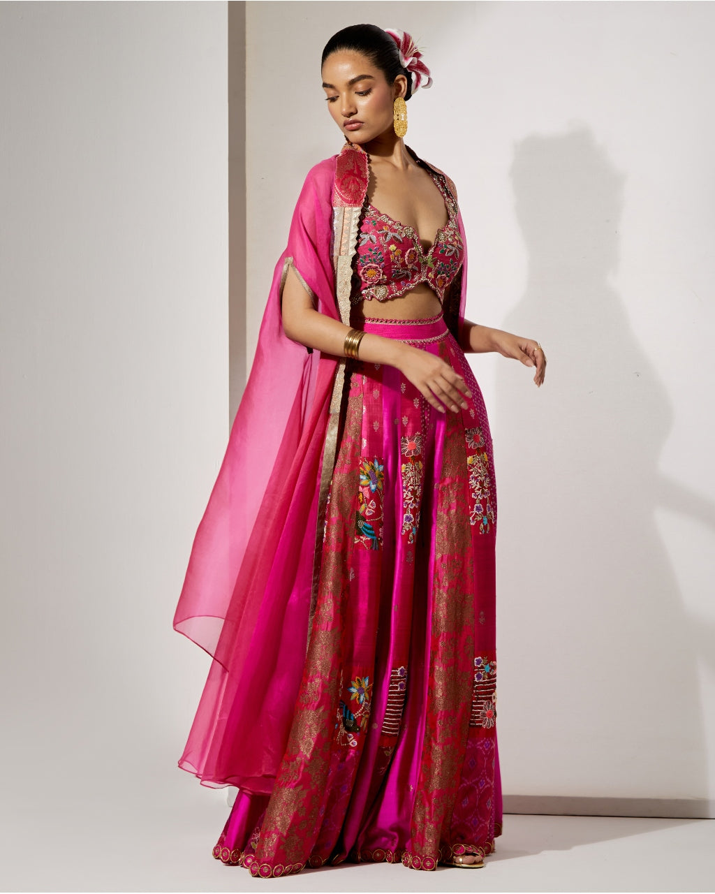 Fuchsia Embroidered Sharara Set With Organza Cape