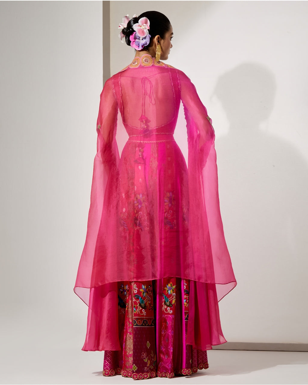Fuchsia Embroidered Sharara Set With Organza Cape