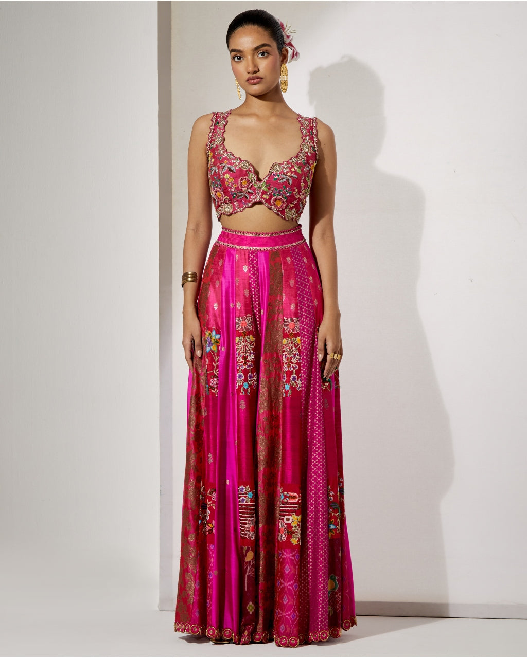 Fuchsia Embroidered Sharara Set With Organza Cape