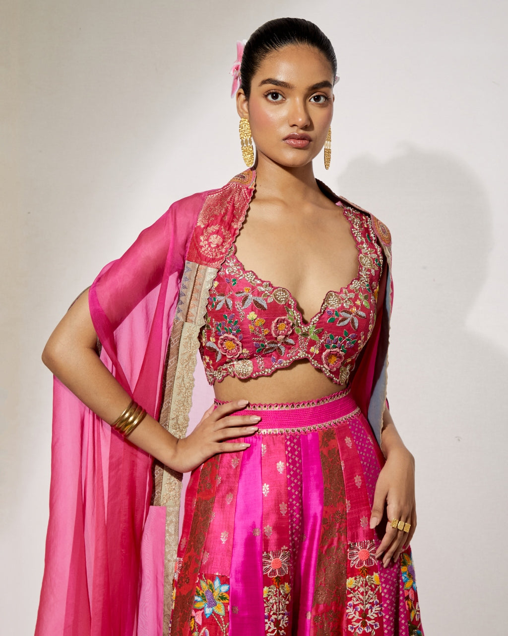 Fuchsia Embroidered Sharara Set With Organza Cape