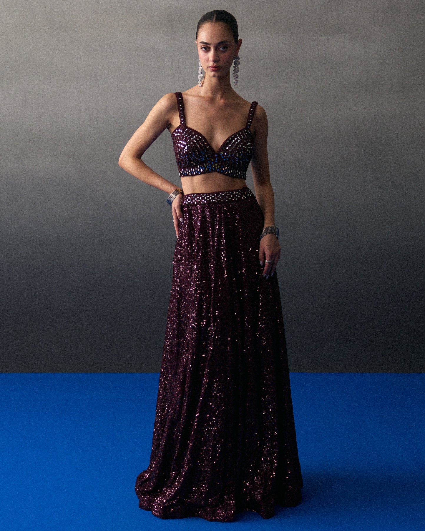 Crimson Sequins Skirt Set