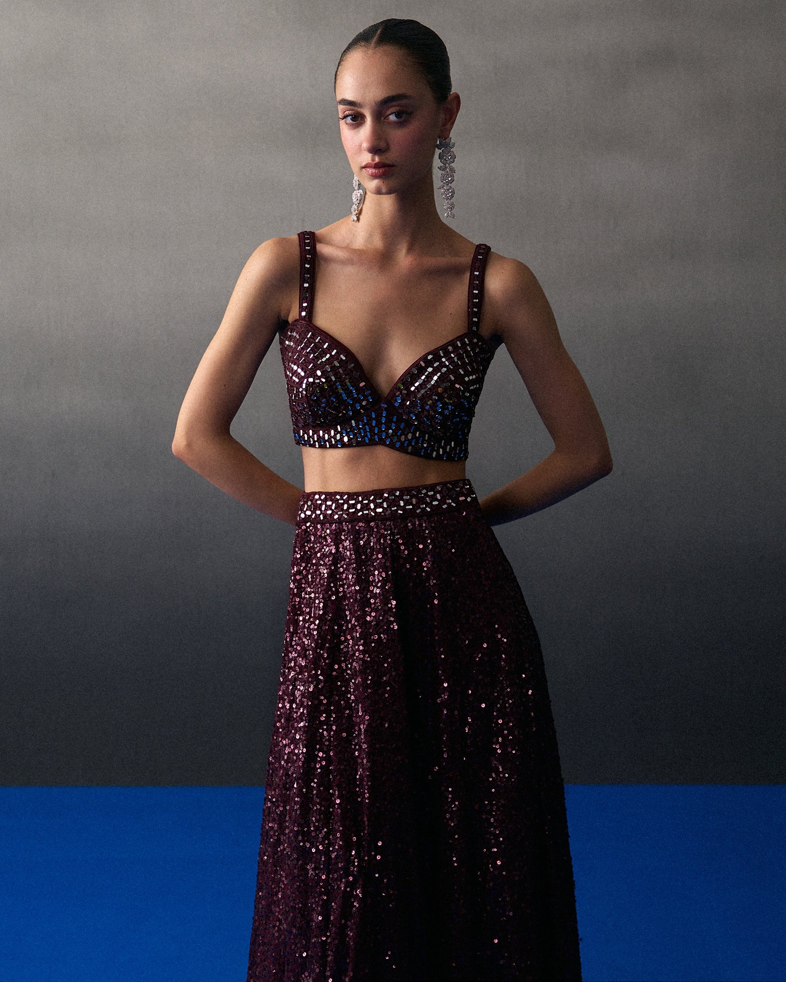 Crimson Sequins Skirt Set