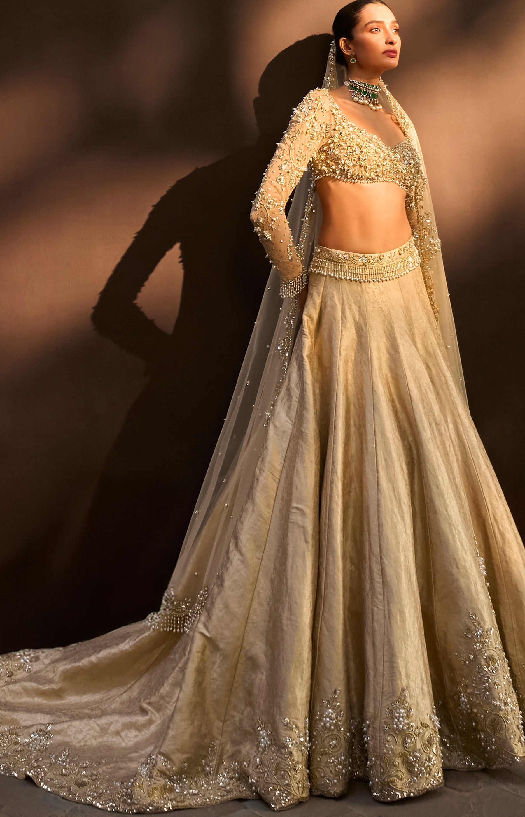 Champagne Gold Brocade Lehenga Set