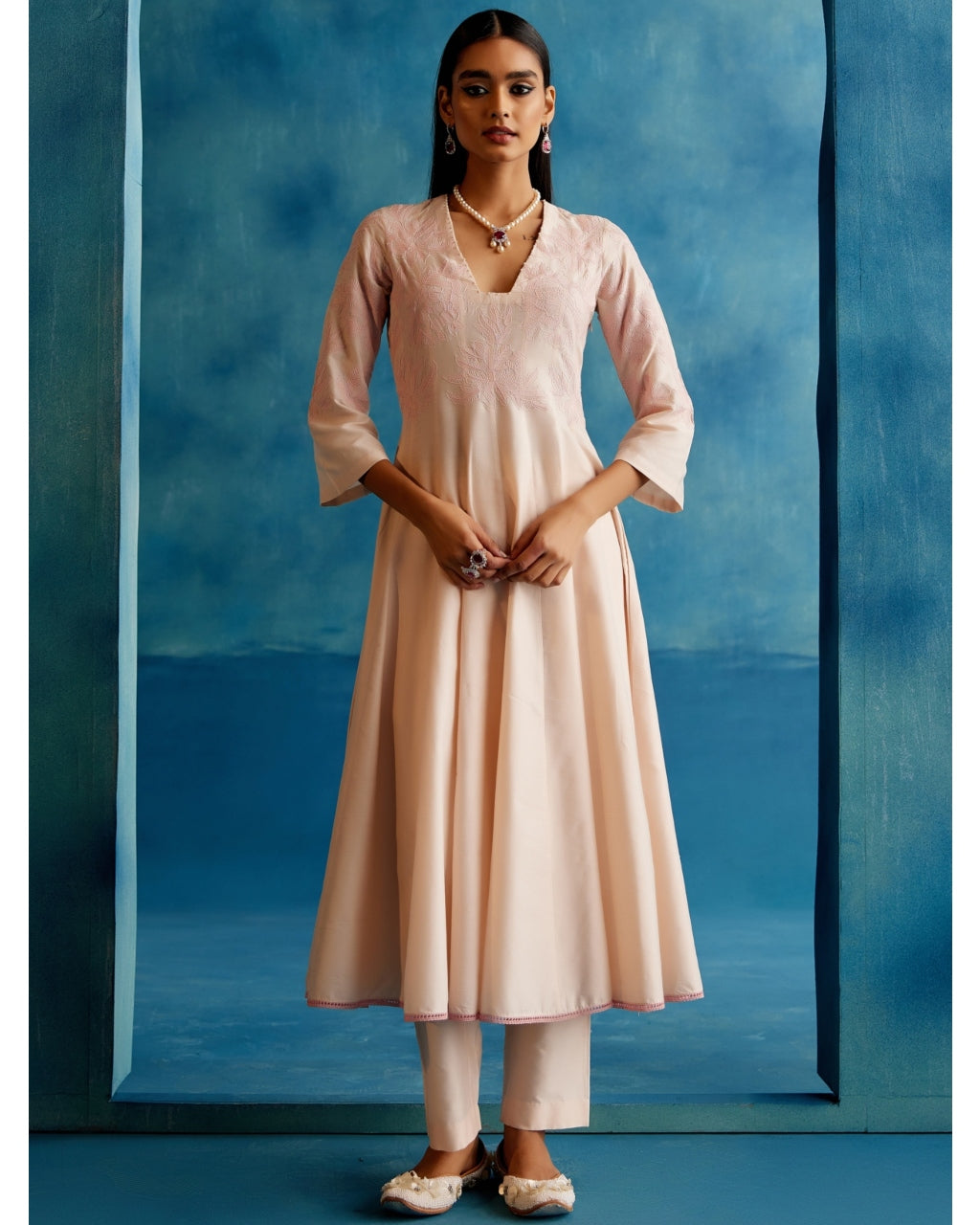 Blush Pink Cotton Silk Blend Hand-Painted Anarkali Set