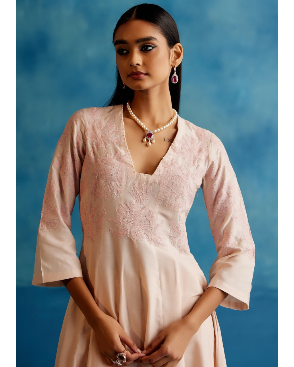 Blush Pink Cotton Silk Blend Hand-Painted Anarkali Set