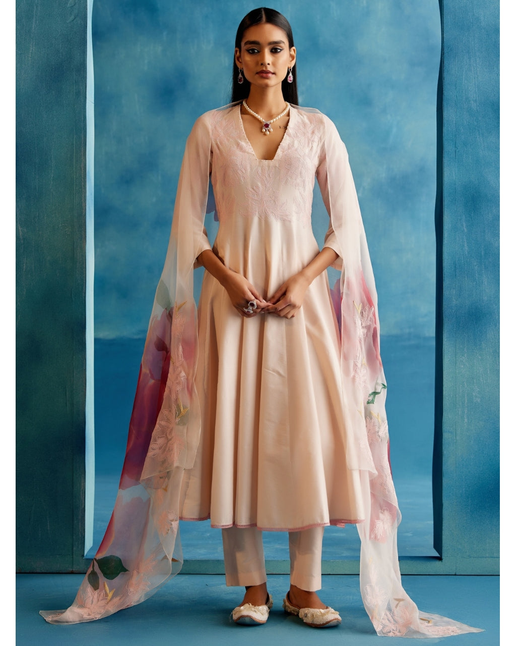 Blush Pink Cotton Silk Blend Hand-Painted Anarkali Set