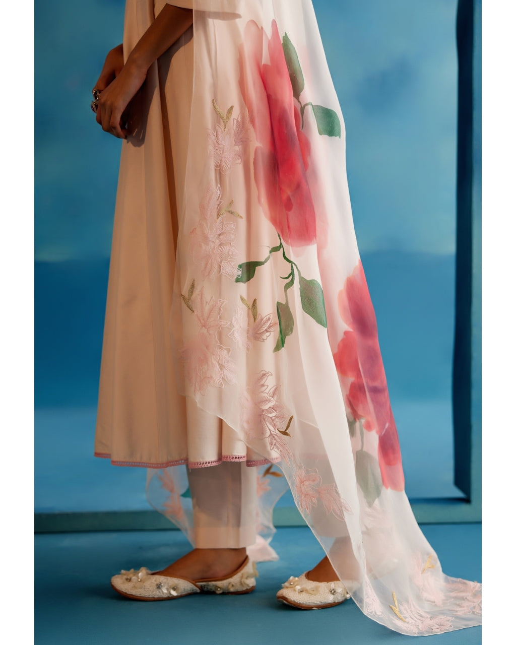 Blush Pink Cotton Silk Blend Hand-Painted Anarkali Set