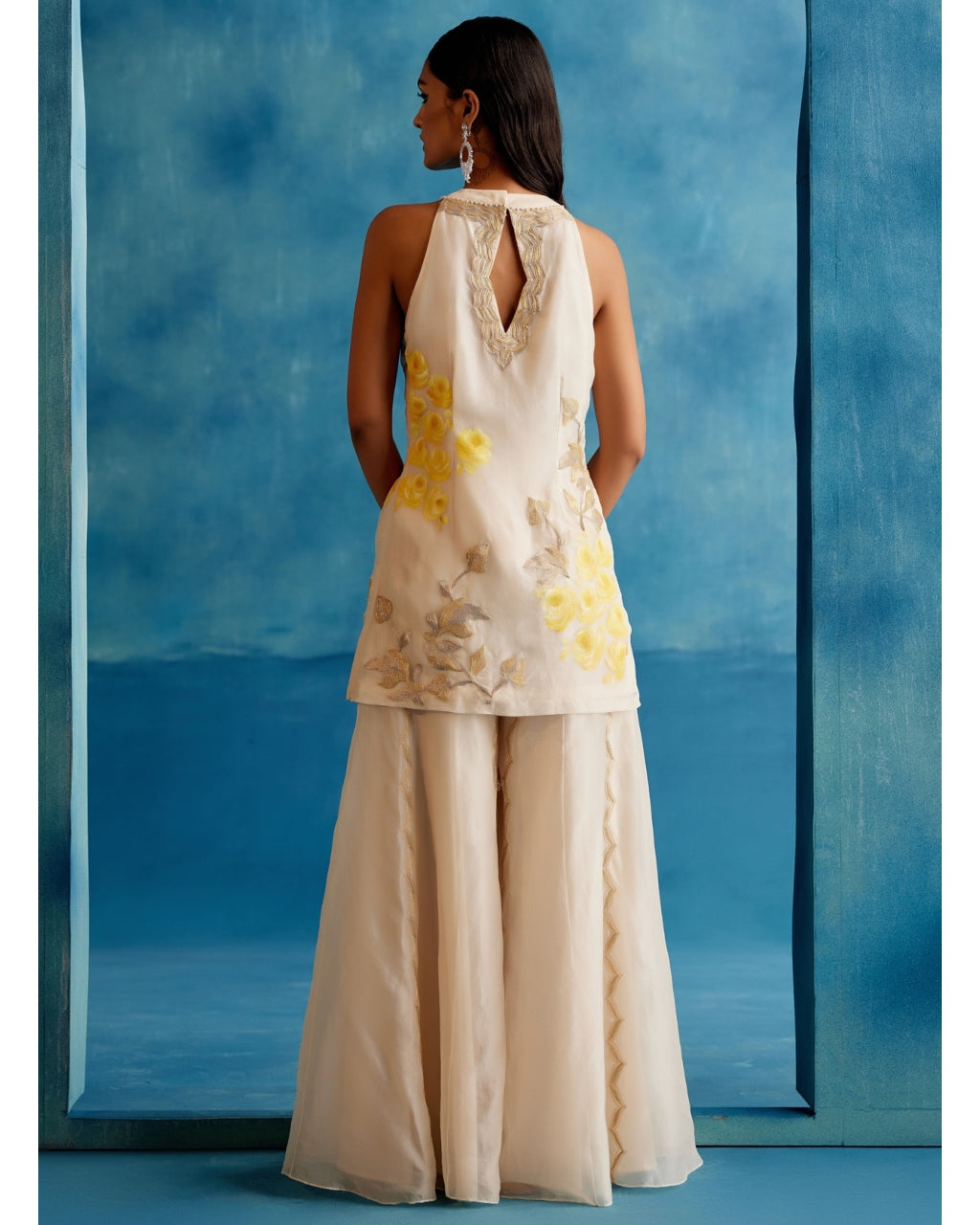 Ivory And Yellow Silk Organza Hand-Painted Embroidered Sharara Set