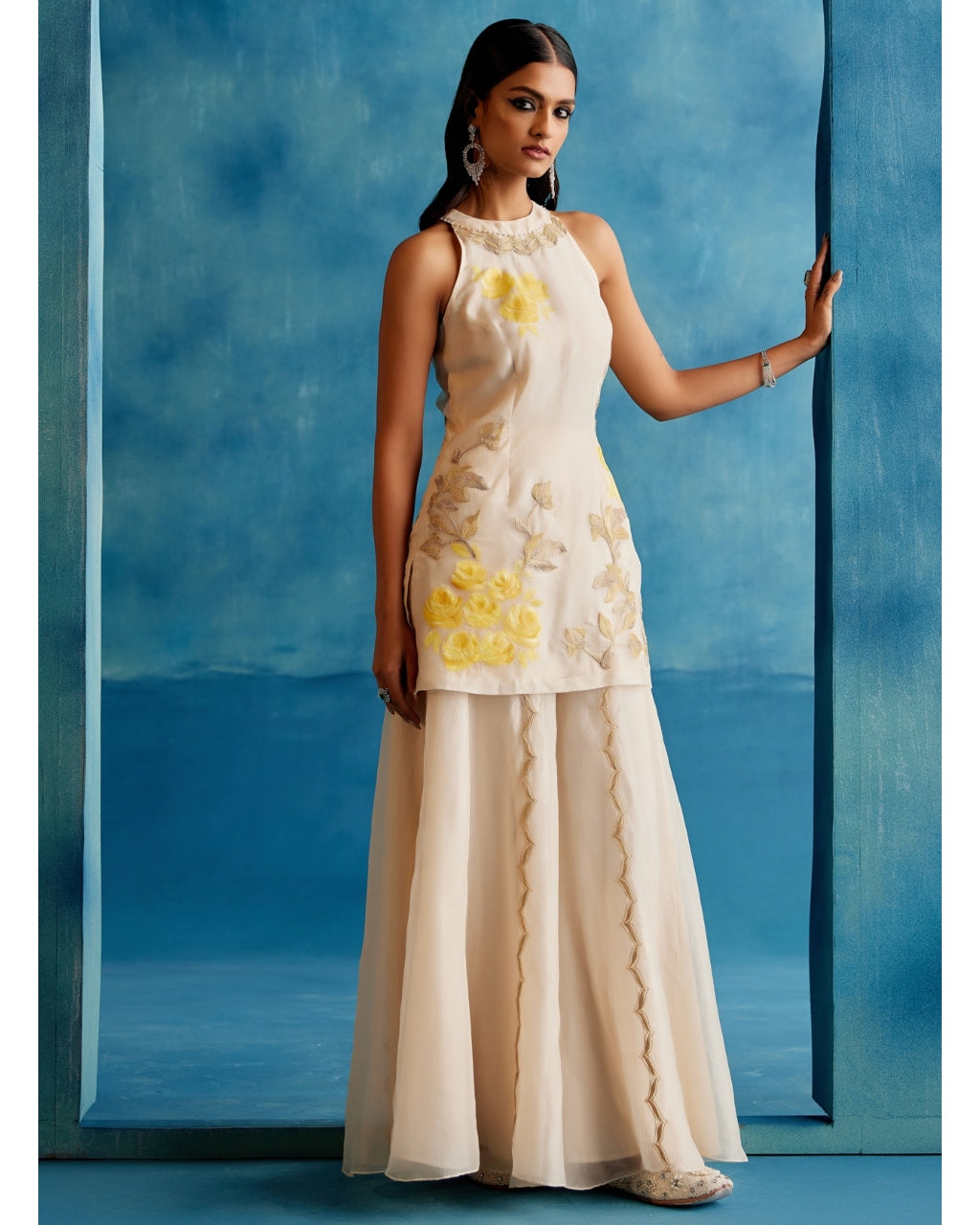 Ivory And Yellow Silk Organza Hand-Painted Embroidered Sharara Set