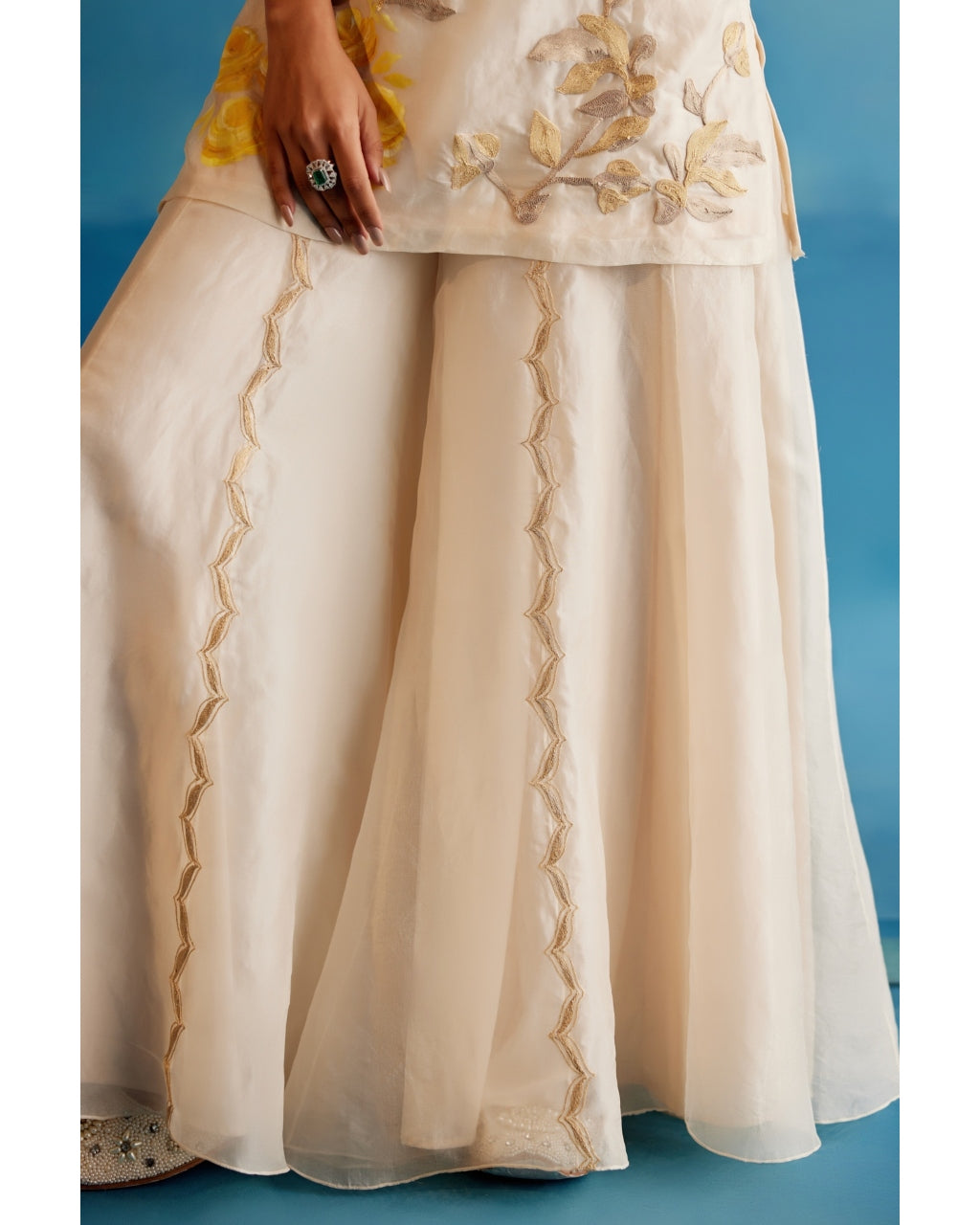 Ivory And Yellow Silk Organza Hand-Painted Embroidered Sharara Set