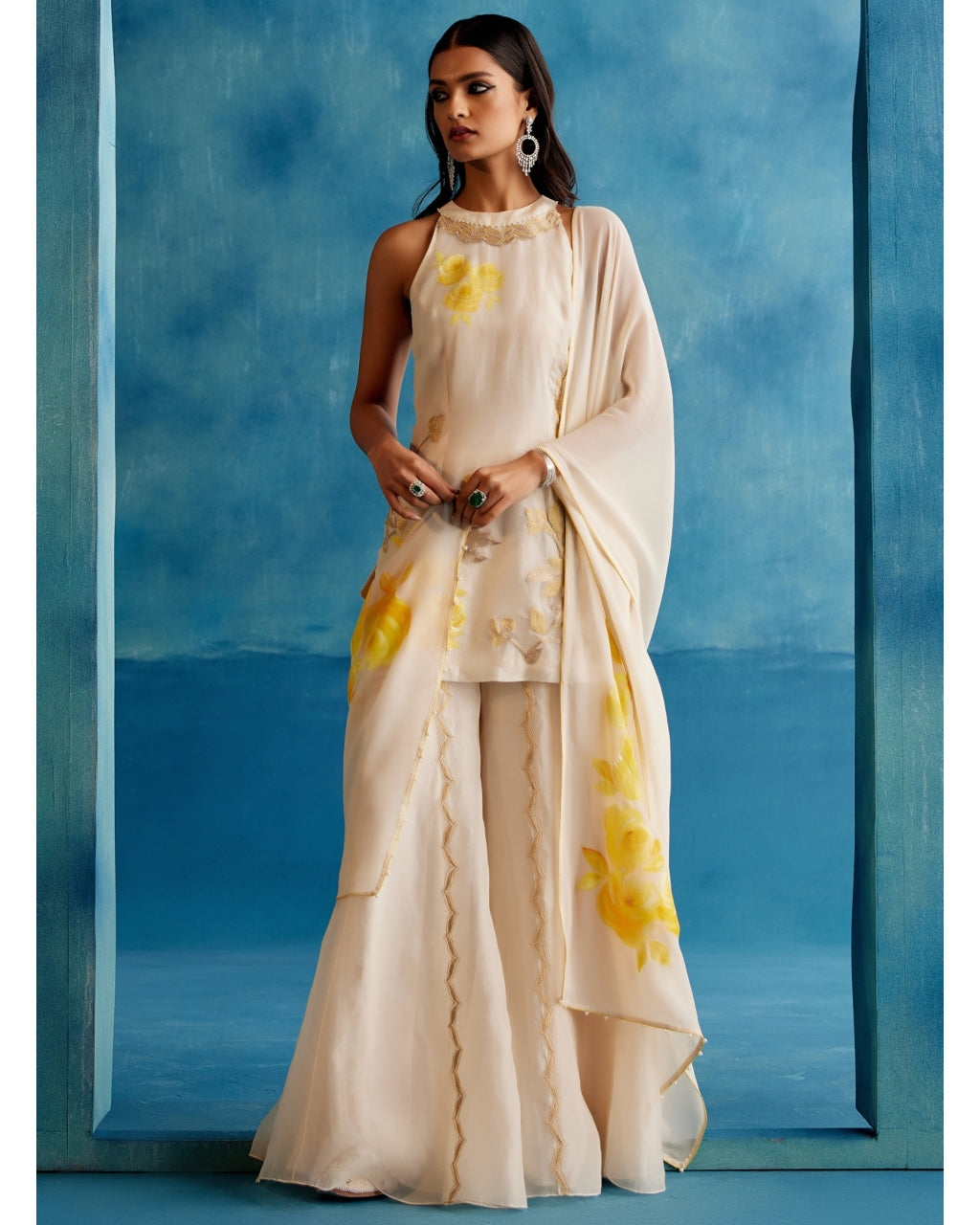 Ivory And Yellow Silk Organza Hand-Painted Embroidered Sharara Set