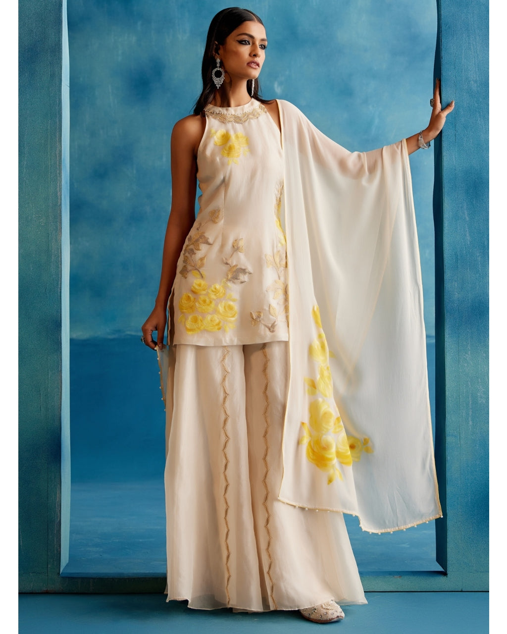 Ivory And Yellow Silk Organza Hand-Painted Embroidered Sharara Set