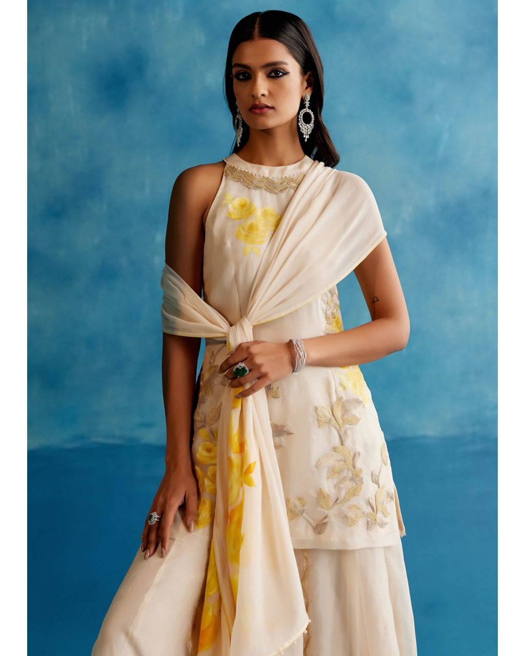 Ivory And Yellow Silk Organza Hand-Painted Embroidered Sharara Set