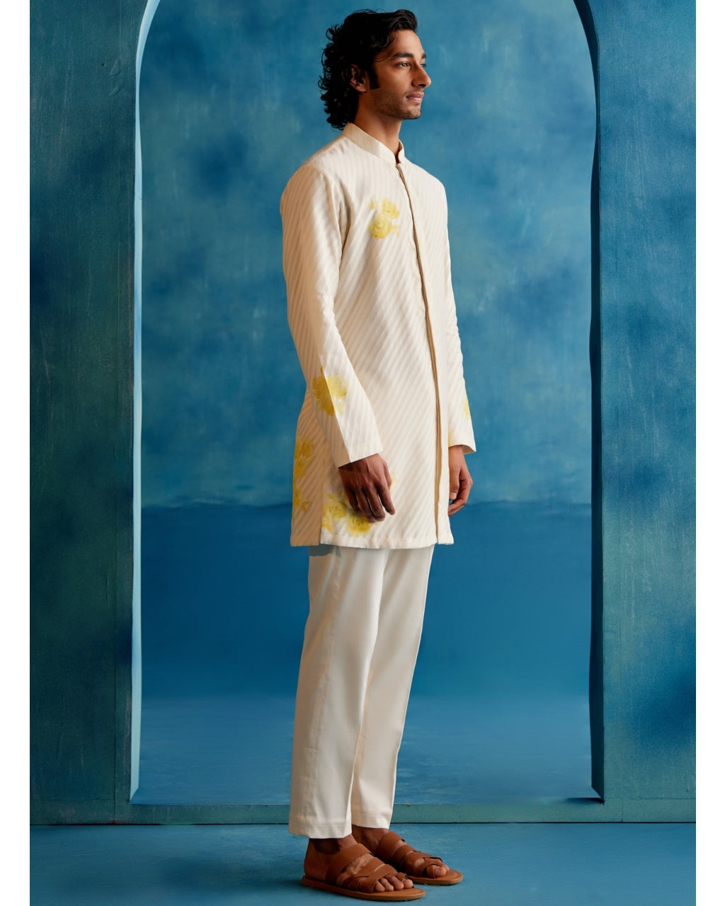 Ivory And Yellow Stripe Silk Chanderi Hand-Painted Kurta Set