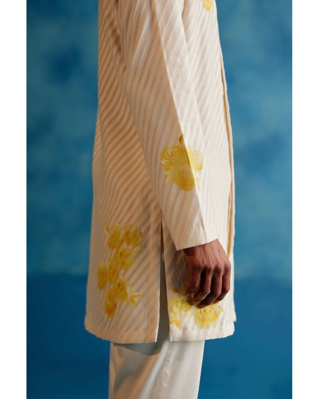 Ivory And Yellow Stripe Silk Chanderi Hand-Painted Kurta Set