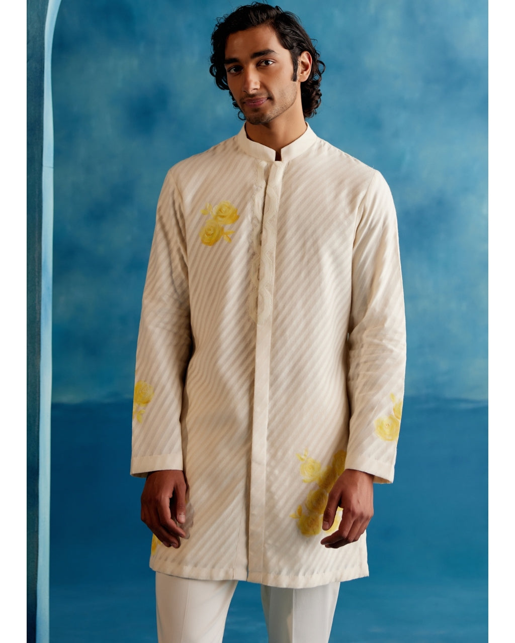 Ivory And Yellow Stripe Silk Chanderi Hand-Painted Kurta Set