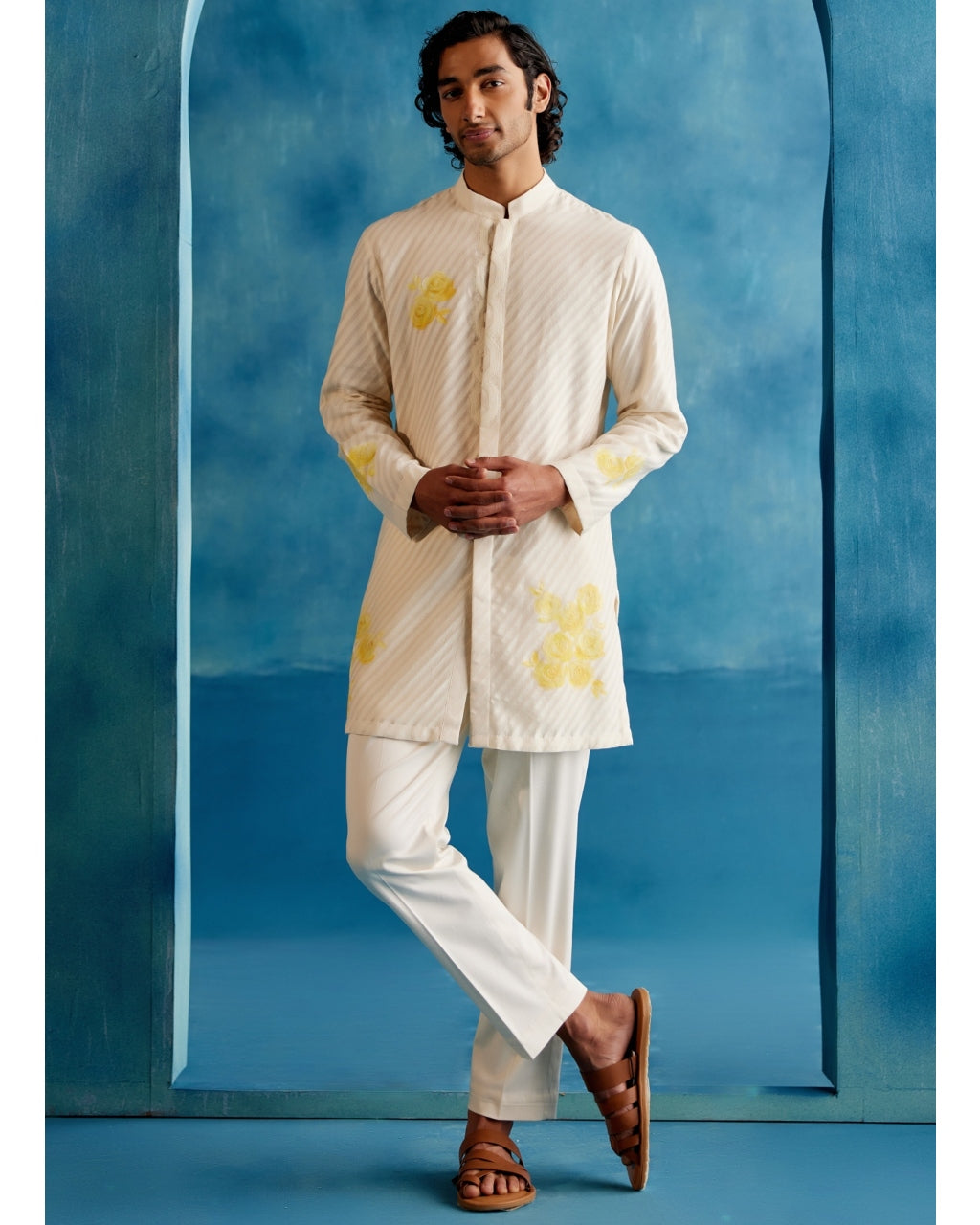 Ivory And Yellow Stripe Silk Chanderi Hand-Painted Kurta Set