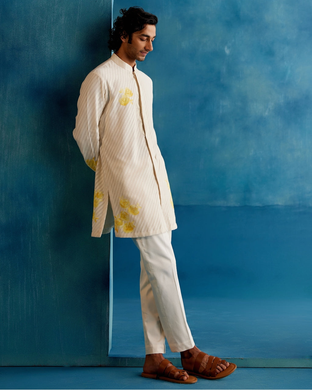 Ivory And Yellow Stripe Silk Chanderi Hand-Painted Kurta Set