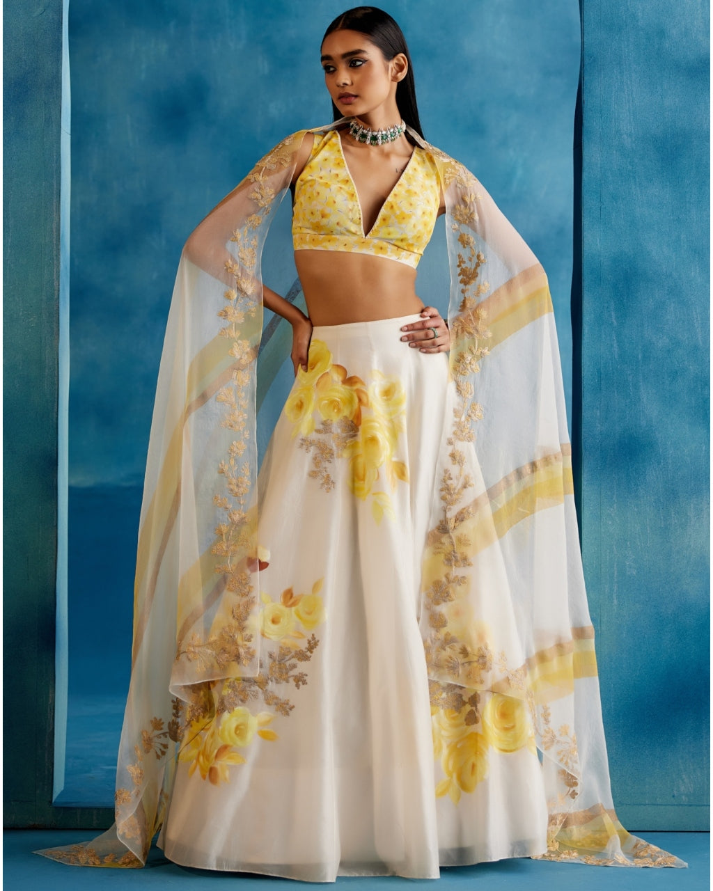 Ivory And Yellow Silk Chanderi Hand-Painted Embroidered Lehenga Set