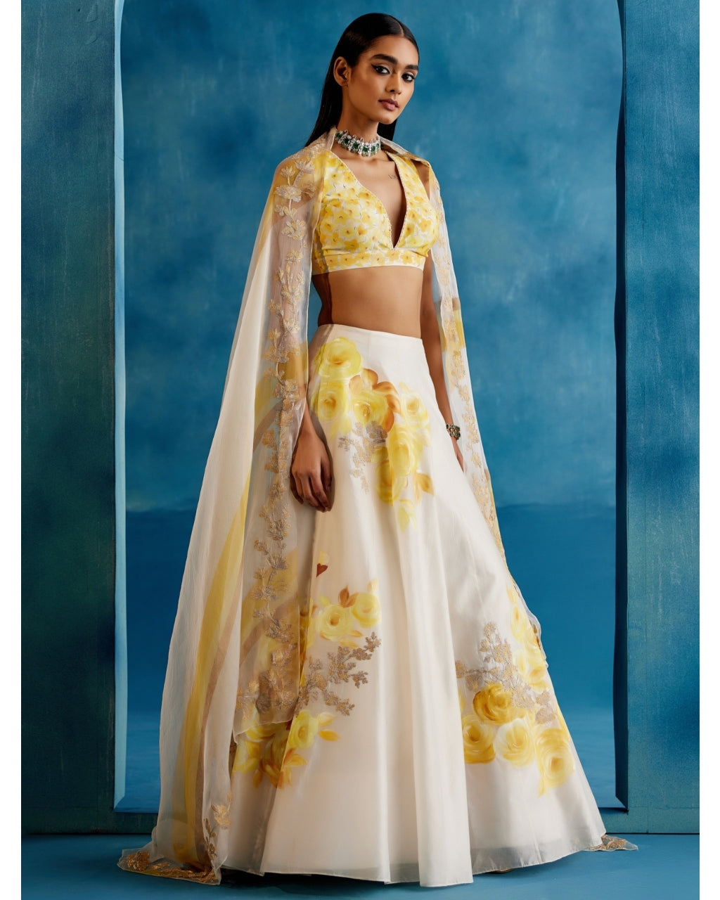 Ivory And Yellow Silk Chanderi Hand-Painted Embroidered Lehenga Set