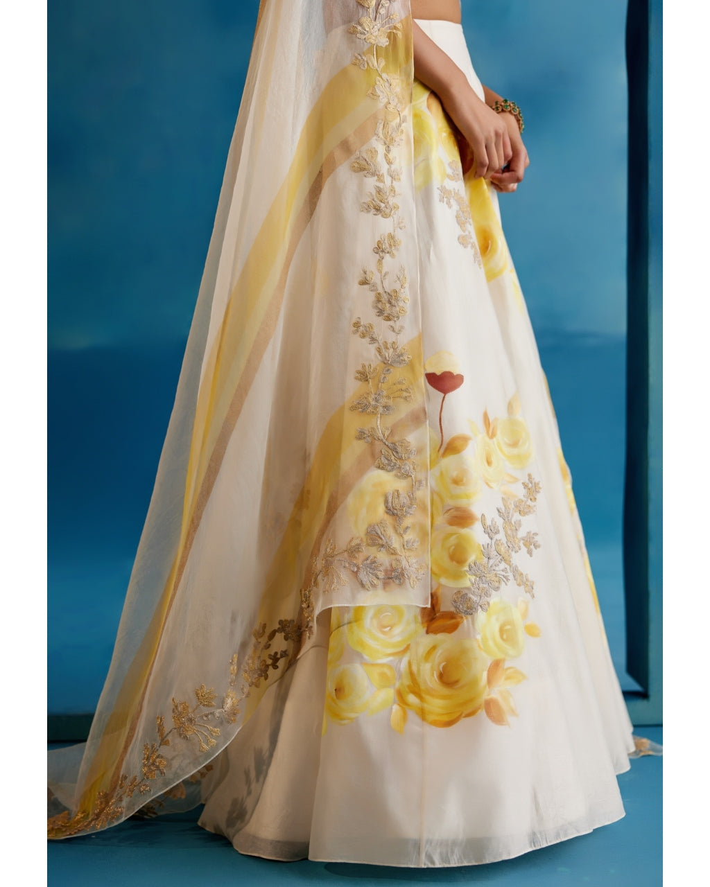 Ivory And Yellow Silk Chanderi Hand-Painted Embroidered Lehenga Set