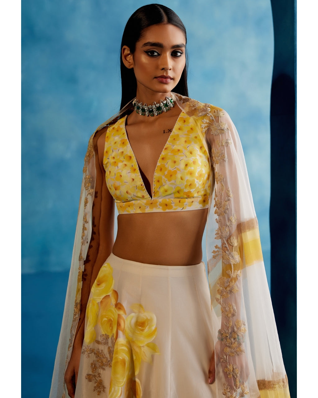 Ivory And Yellow Silk Chanderi Hand-Painted Embroidered Lehenga Set