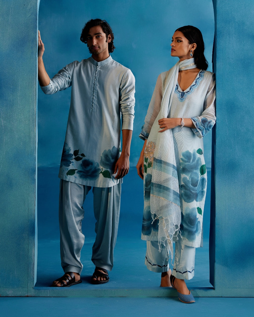 Blue Kota Silk Hand-Painted Embroidered Kurta Set